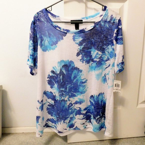 INC International Concepts Tops - INC White & Blue Floral Sheer Scoop Neck T-Shirt  - 1X (NWT)